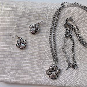 Faux silver paw print earring and necklace set